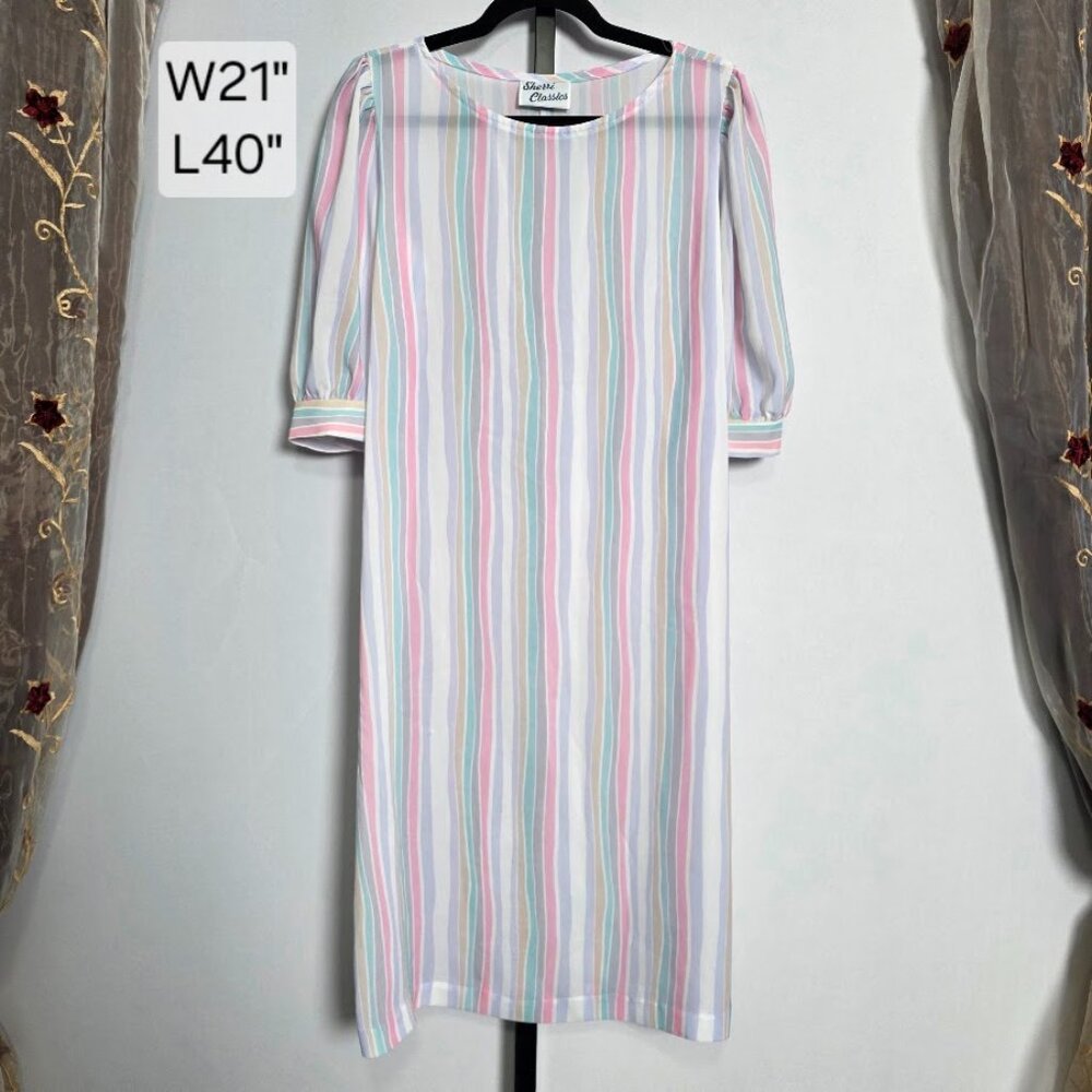 Vintage Sherri Classics Muumuu Dress Women's L/XL Pastel Stripe Puff Sleeve Midi